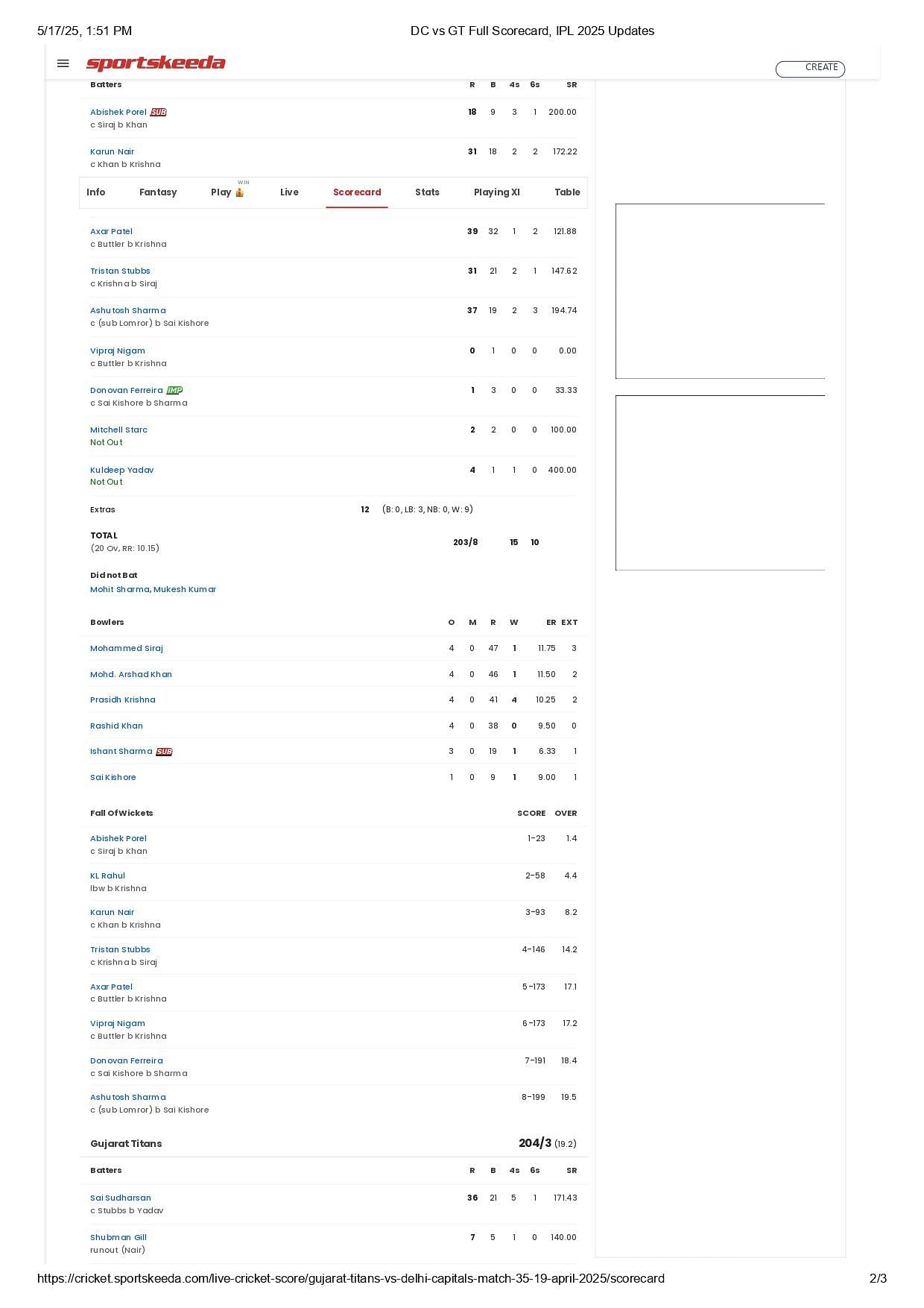 DC vs GT IPL 2025 scorecard.